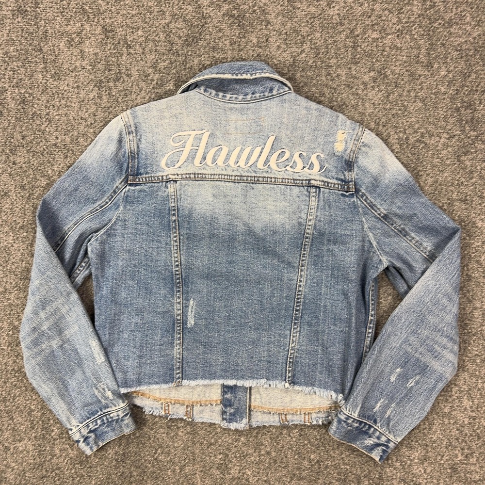 Pistola Denim Jacket Womens M Blue Distressed Cropped Hem Flawless Embroidered